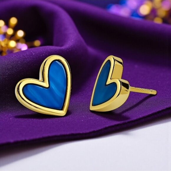 🆕 Royal Blue Enamel Heart Stud Earrings Gold Tone Statement Cute Gift Teen Girl - Picture 5 of 13